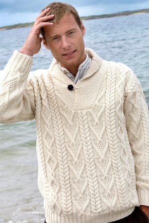 Shawl Collar Mans Traditional Aran Sweater|Aran Sweaters Men|Irish Handcrafts