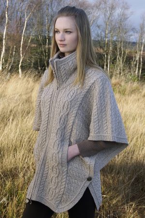 Aran Funnel Neck Poncho Jacket Capes Wraps & Pocket Shawls Irish Handcrafts -1