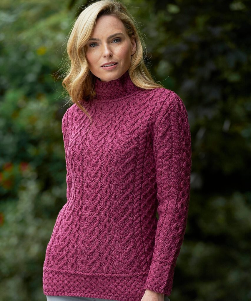 High Neck Cable Aran Sweater Magenta - Irish Handcrafts