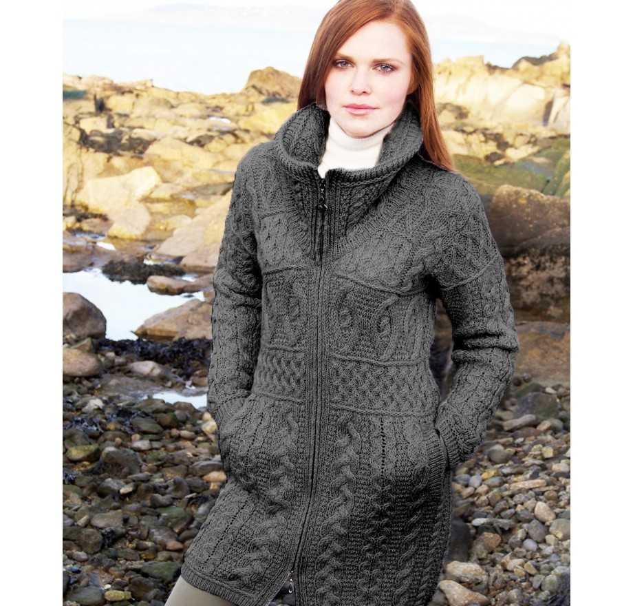 Aran Style Knitted Double Collar Coat - Irish Handcrafts