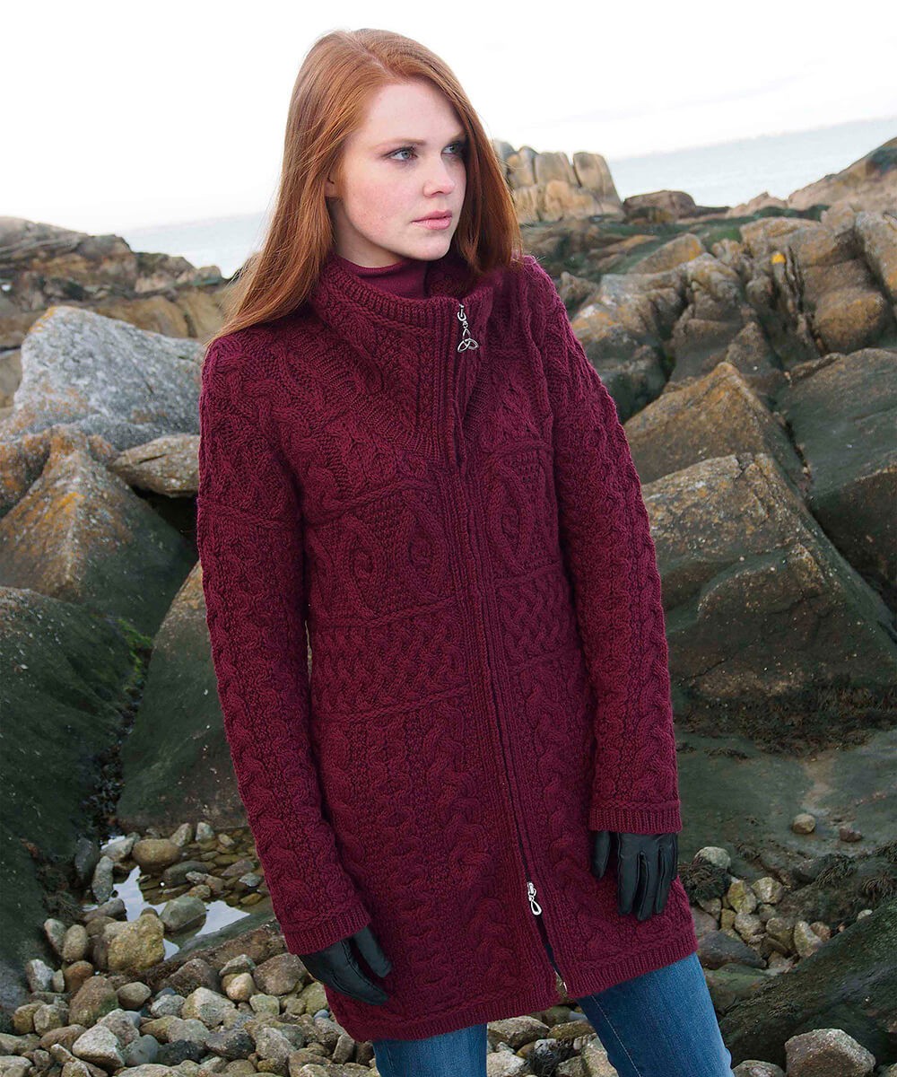 Aran Style Knitted Double Collar Coat Irish Handcrafts