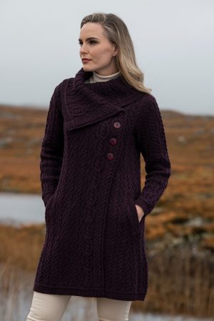 Aran Style Large Collar Coat Damson|Aran Knitwear Coats|Irish Handcrafts