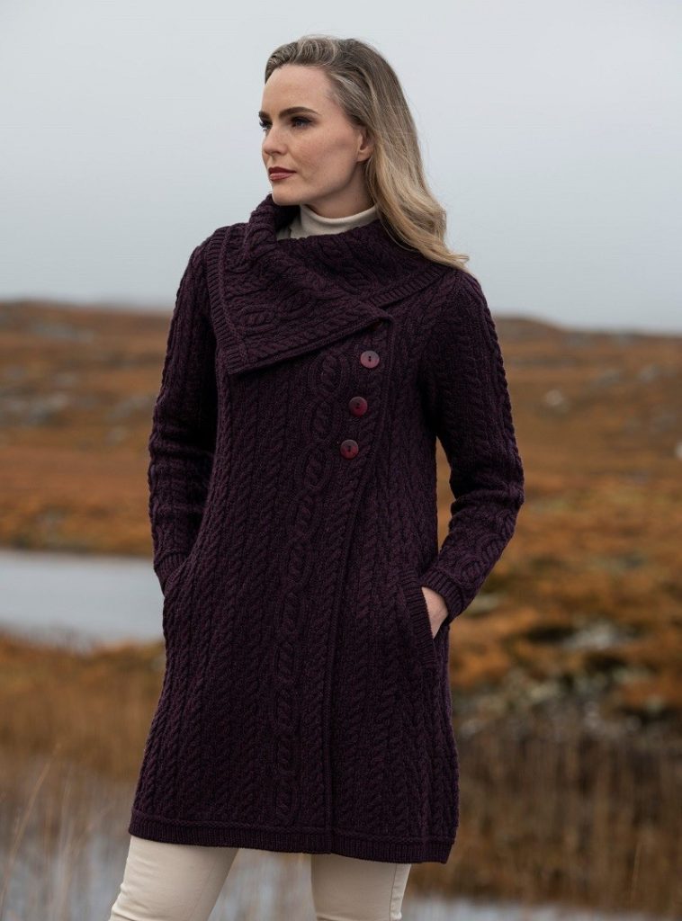 Aran Style Large Collar Coat Damson|Aran Knitwear Coats|Irish Handcrafts