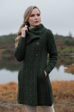 Aran Style Large Collar Coat Dark Green