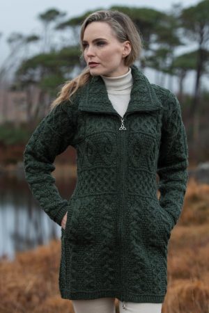 Aran Style Double Collar Coat Dark Green|Aran Knit Coats|Irish Handcrafts