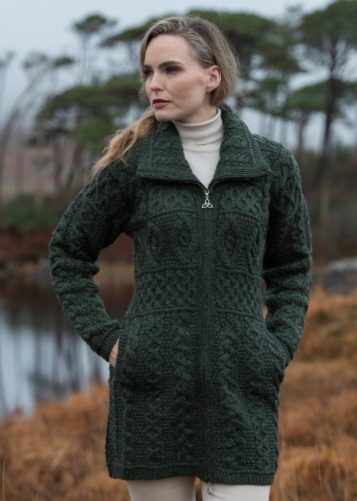 Aran Style Double Collar Coat Dark Green|Aran Knit Coats|Irish Handcrafts