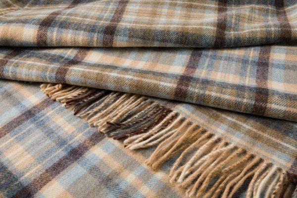 Large Wool Blanket In Blue Cream Brown Denim Check REF 664
