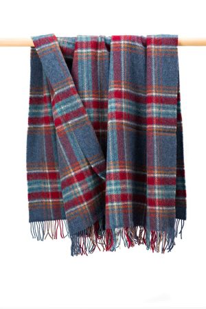 Large Wool Blanket In Denim Blue Rust and Red Plaid REF LW102