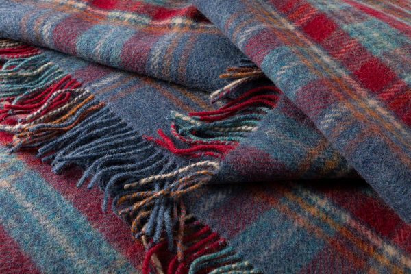Large Wool Blanket In Denim Blue Rust and Red Plaid REF LW102