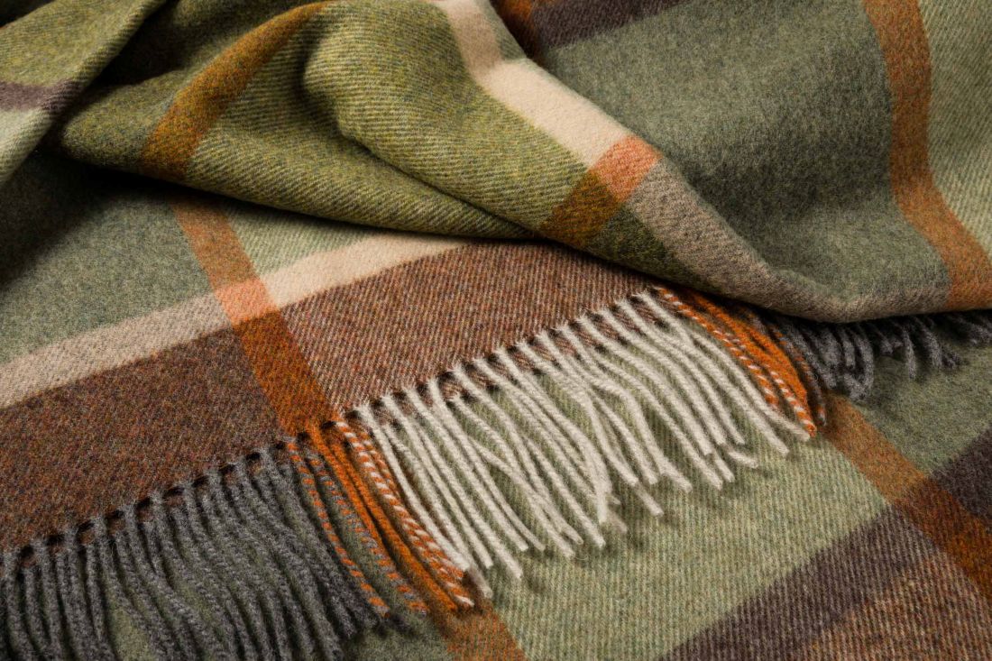 Lambswool Throw Green Brown Orange Cream Check Ref 658