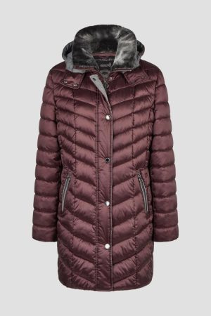 Barbara Lebek Burgundy Quilted Winter Coat with Detachable Faux Fur Collar & Hood – 10430062