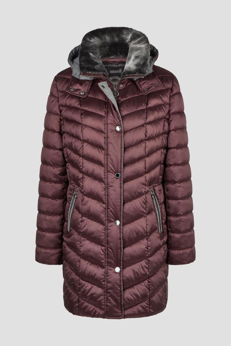 Barbara Lebek Burgundy Quilted Winter Coat with Detachable Faux Fur Collar & Hood – 10430062